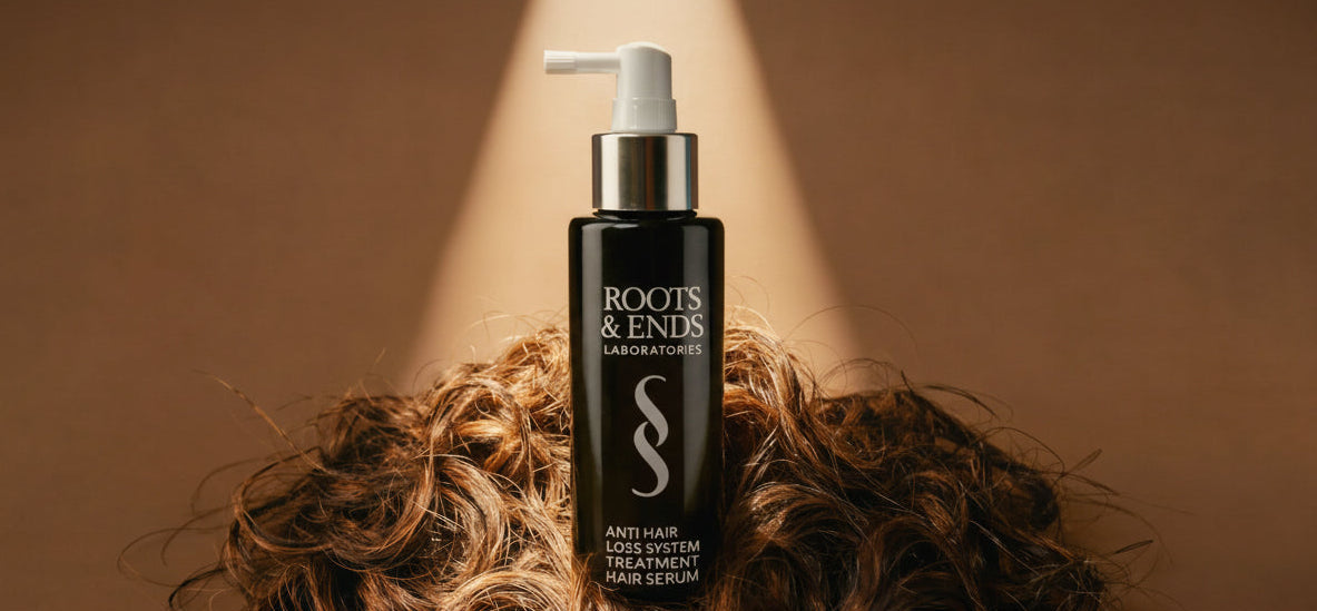 Roots & Ends hair serum spray bottle on a pile of wavy hair with a spotlight effect.