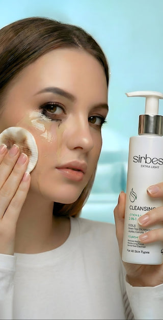 Woman applying cream to her face with a bottle of Sirbes cleansing lotion in front of a light blue background