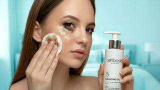 Woman applying skincare product with 'sirbest' cleansing oil bottle in a bathroom setting