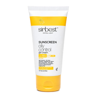 A squeeze tube of sirbest Extra Light Oily Control Sunscreen Gel Cream, SPF 50+, featuring a white and yellow color scheme with black text, set against a plain white background.